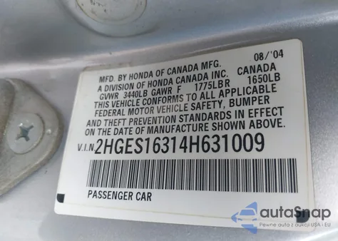 2004 Honda Civic Vp from USA, damaged, VIN 2HGES16314H631009